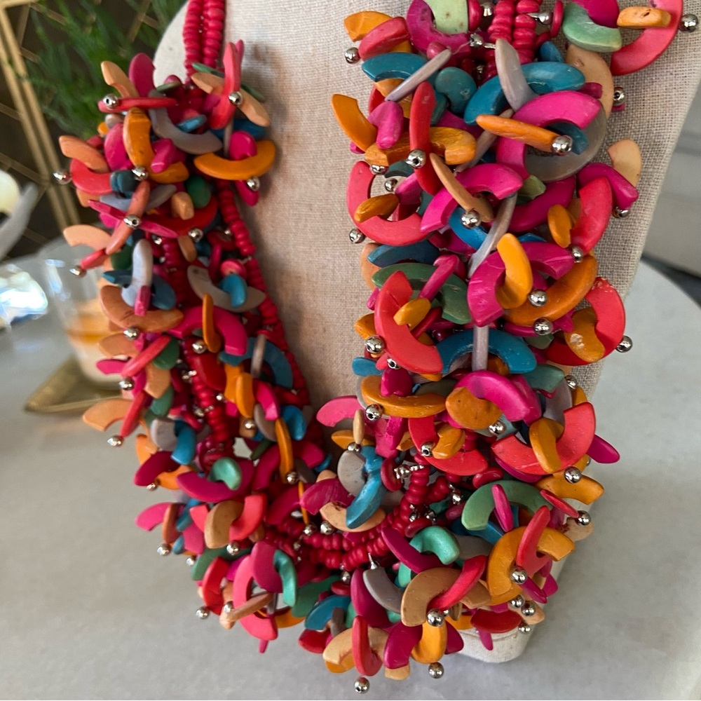 Vintage 80s Wooden Chunky Pink Multicolored Statement Necklace Funky - Picture 3 of 5
